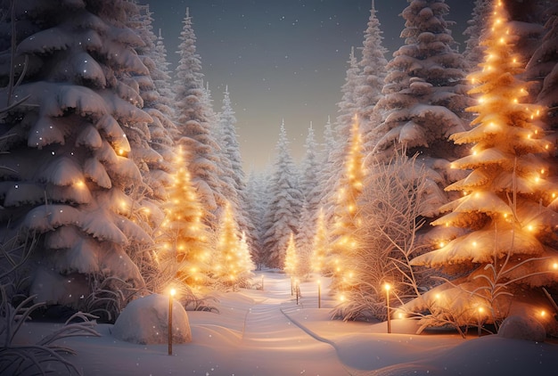 alberi coperti di neve in una foresta di montagna con luci sullo sfondo