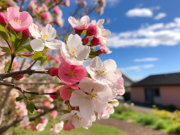 Alberi da frutto in fiore in un cortile