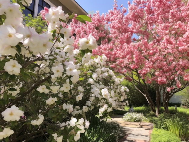 Alberi da frutto in fiore in un cortile