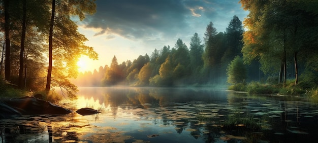 alberi della foresta selvatici con i raggi del sole sul campo e il tramonto del lago e del fiume