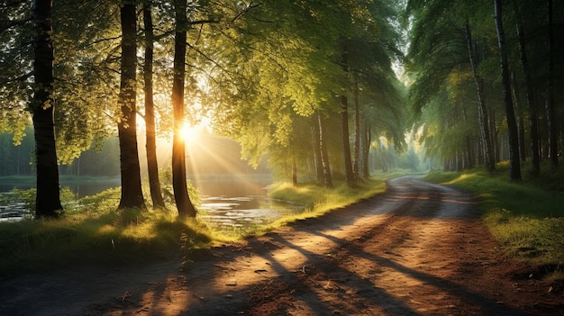 alberi della foresta selvatici con i raggi del sole sul campo e il tramonto del lago e del fiume