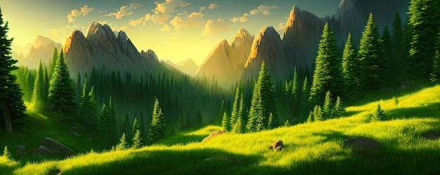 Alberi di abete rosso foresta sfondo estivo sullo sfondo di una catena montuosa al mattino ora d'oro con il sole