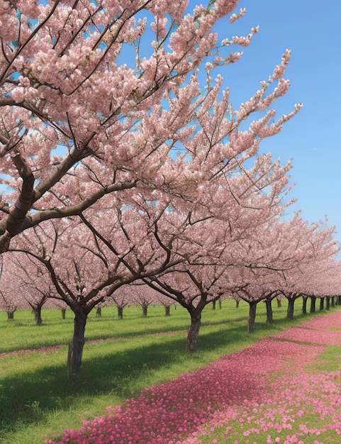 alberi di ciliegio rosa durante la loro fioritura colorata che copre gli alberi