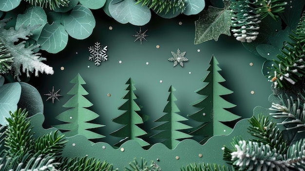 Alberi di Natale 3D in carta con sfondo verde e fiocchi di neve