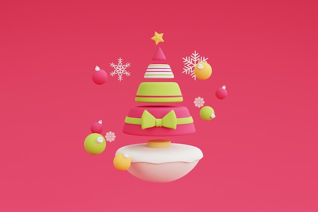 Alberi di Natale circondati da decorazioni di Natale con fiocchi di neve, illustrazione di rendering 3d minimo design.3d.