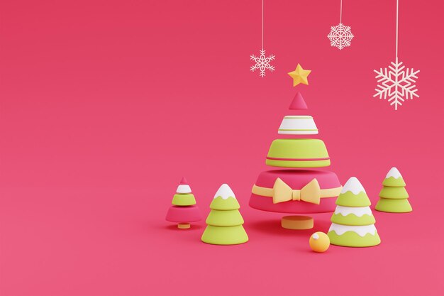 Alberi di Natale circondati da un albero di pino con fiocchi di neve appesi, design 3d minimo Decorazioni natalizie.3d rendono l'illustrazione.