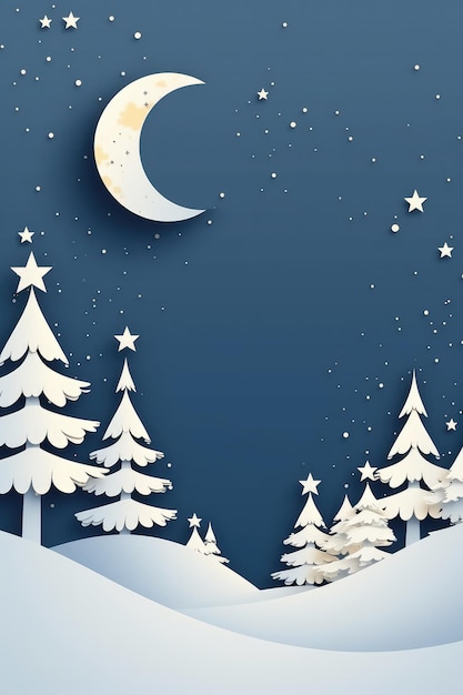 Alberi di Natale d'inverno e stella nel cielo con la luna Illustrazione Panoramana Generative ai