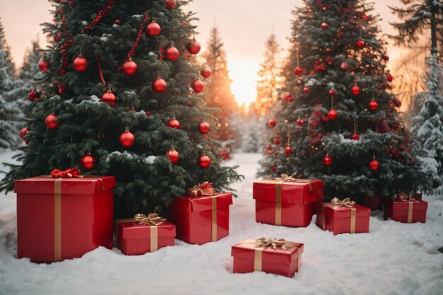 Alberi di Natale decorati con ghirlande rosse in una foresta ad un'alba innevata vicino ai regali di Natale