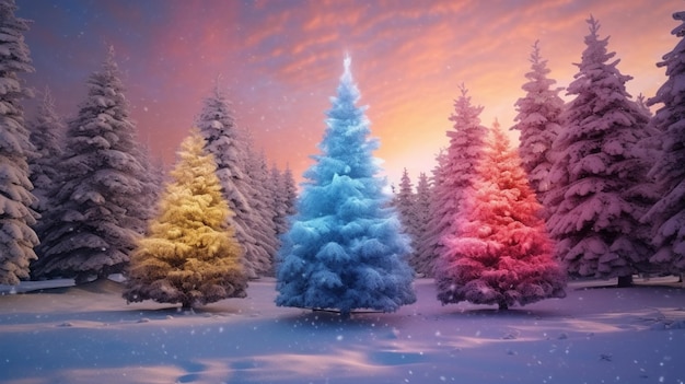 Alberi di natale decorati variopinti nel paesaggio di inverno Generativo Ai