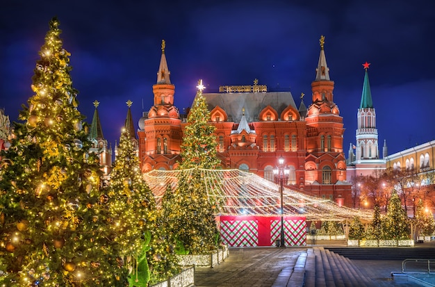 Alberi di Natale in piazza Manezhnaya e il Museo storico con illuminazione notturna