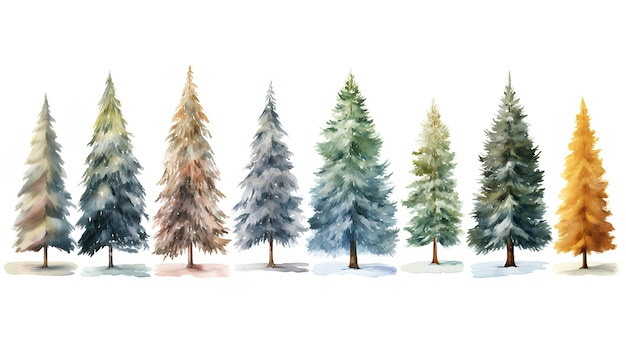 alberi di natale nell'illustrazione dipinta a mano dell'acquerello della foresta di inverno