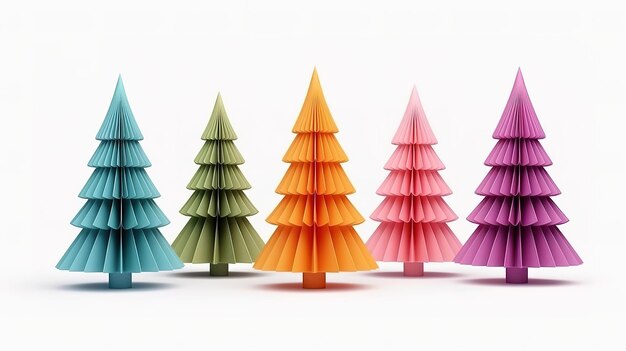 Alberi di origami colorati in fila isolati su sfondo bianco Ia generativa