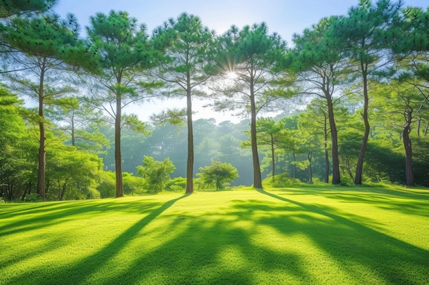 Alberi di pino in un campo verde lussureggiante in una giornata di sole