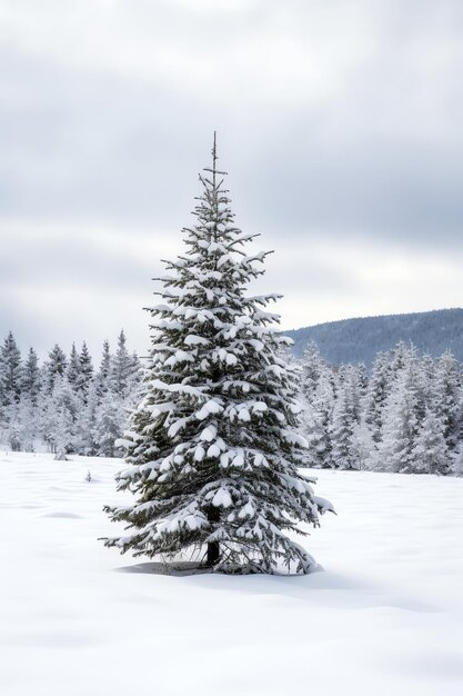 Alberi di pino o albero di Natale decorato coperto di neve su un bel tema invernale di Natale all'aperto