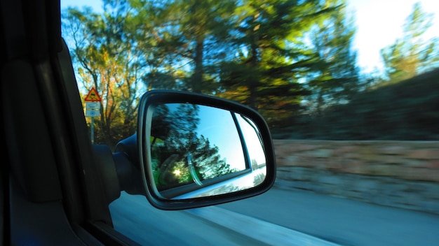 Alberi di vista posteriore nello specchietto retrovisore dell'auto su una strada a velocità