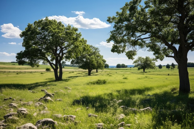 Alberi distanziati in un campo verde sereno IA generativa