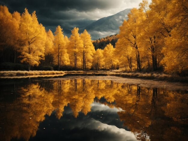 Alberi dorati riflessi nel lago sullo sfondo del cielo nero Arte moderna su tela con foresta giallo oro