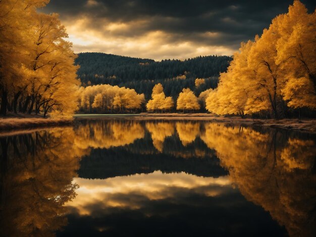 Alberi dorati riflessi nel lago sullo sfondo del cielo nero Arte moderna su tela con foresta giallo oro