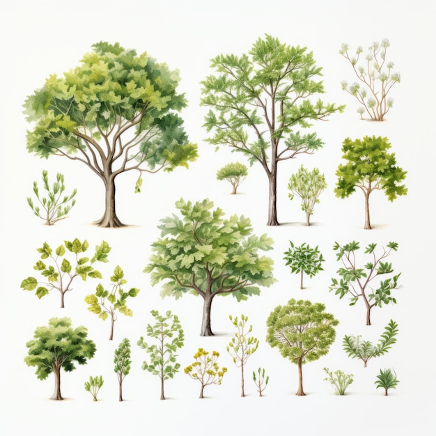 Alberi e arbusti a foglia caduca del Midwest Illustrazione ad acquerello su sfondo bianco
