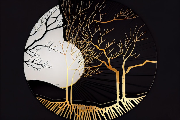 Alberi e luna neri e dorati in stile Kintsugi Art