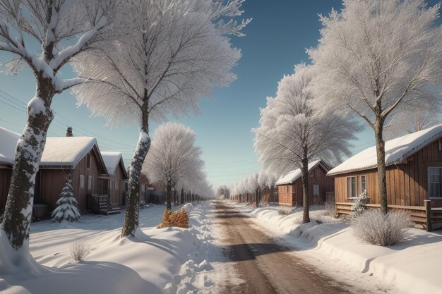 Alberi e strade coperte di neve nell'inverno freddo Alberi e neve spessa sul terreno