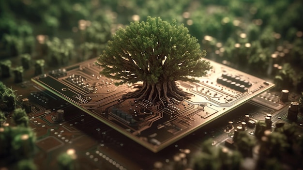 Alberi ecologici naturali verdi e tecnologia informatica generata dall'AI