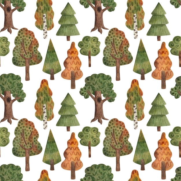 Alberi foresta autunno modello senza cuciture illustrazione ad acquerello