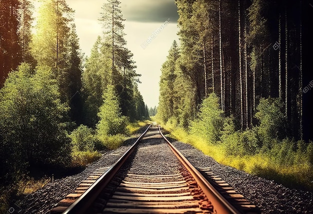 Alberi forestali lungo una ferrovia in un pomeriggio d'estate illustrazione Ai generativa