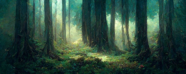 Alberi forestali nebbiosi sfocati colorati magici adorabili con la luce astratta illustrata del bokeh