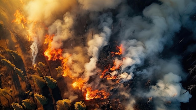 Alberi in fiamme da incendi e fumo coprono il paesaggio