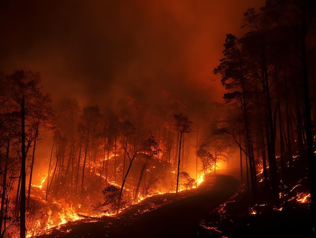 Alberi in fiamme Vista dell'incendio boschivo con fiamme rosse