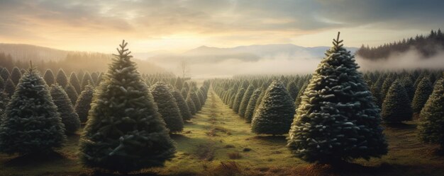 Alberi in fila alla fattoria degli alberi di Natale in natura Generative ai