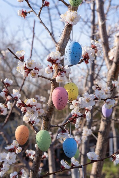 Alberi in fiore con uova colorate di Pasqua pendenti Decorazione da giardino per la Pasqua Composizione decorativa di Pasqua