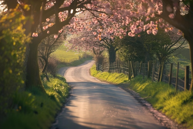 Alberi in fiore lungo una strada di campagna