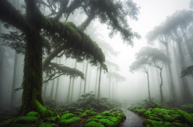 Alberi in una foresta nebbiosa IA generativa