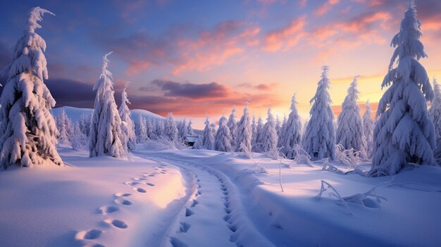 Alberi innevati e tracce nella neve con un tramonto sullo sfondo