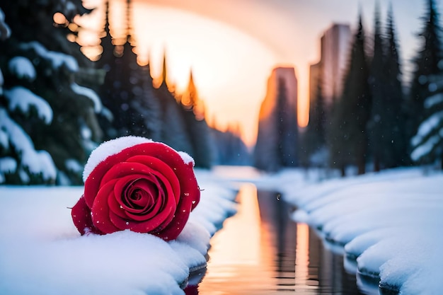 Alberi innevati e una rosa rossa in primo piano con un paesaggio innevato sullo sfondo