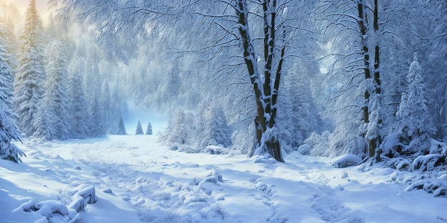 Alberi innevati nei boschi con un cielo blu e un cane bianco in primo piano.