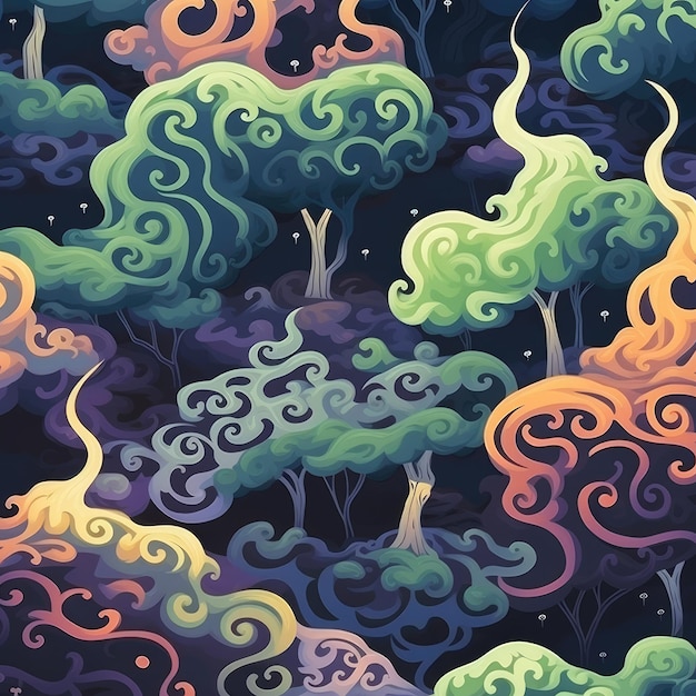 Alberi inquietanti e nebbie vorticose disegno colorato senza cuciture