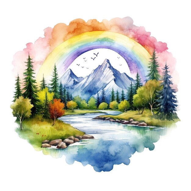 Alberi luminosi delle montagne della foresta dell'illustrazione della natura dell'arcobaleno del paesaggio dell'acquerello