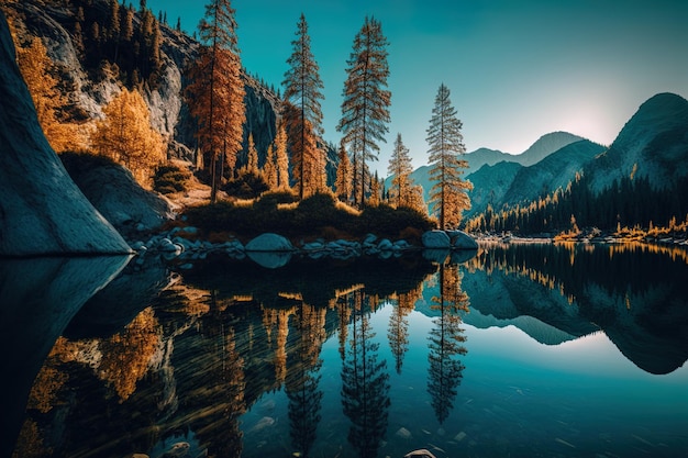 Alberi magnifici e il cielo limpido riflesso in un lago