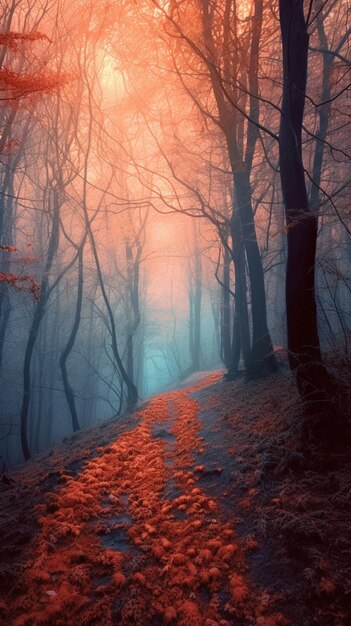 alberi nella nebbia con un sentiero che conduce a loro ai generativi