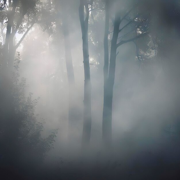 Alberi nella nebbia Il fumo nella foresta al mattino Una nebbiosa mattina tra gli alberi