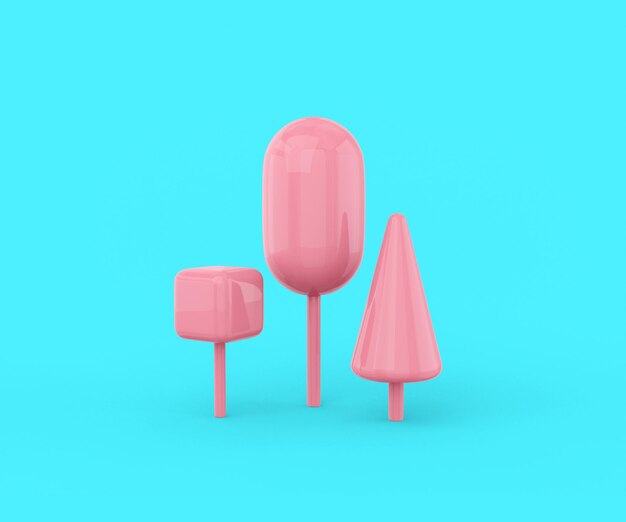 Alberi rosa di diverse forme geometriche cubo, ovale, cono su sfondo blu. Oggetto dal design minimalista. rendering 3D.