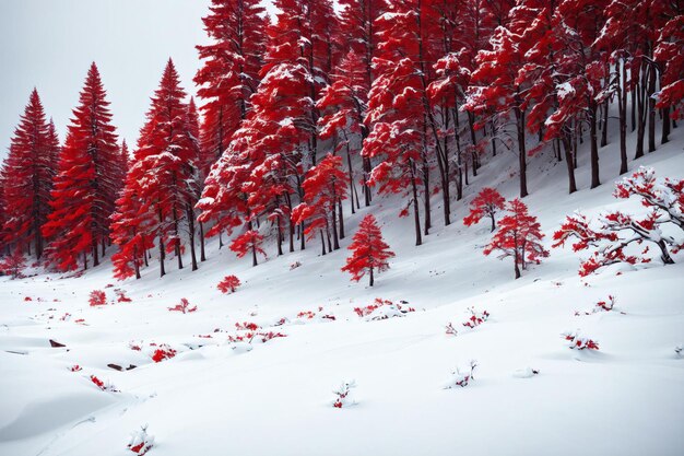 alberi rossi in un ambiente innevato