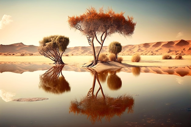 Alberi solitari nel caldo deserto sulla riva del laghetto