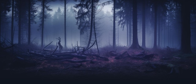 Alberi spaventosi dello sfondo della foresta nebbiosa e spettrale nei boschi di nebbia horror felice Halloween