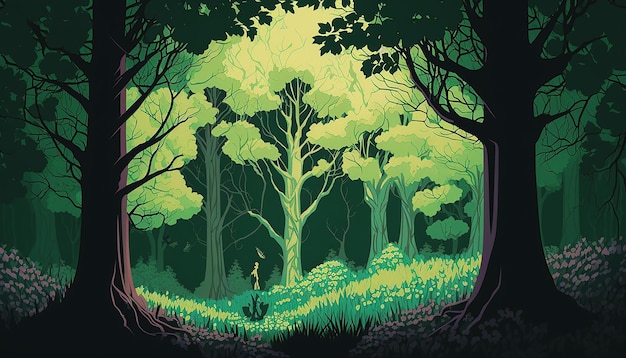 Alberi tranquilli Un'illustrazione di una foresta primaverile IA generativa