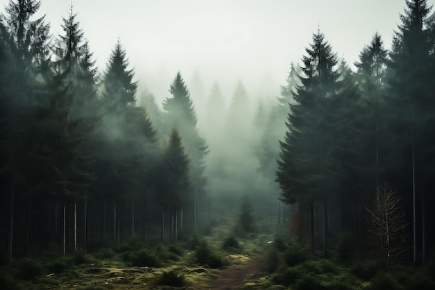 Alberi uno accanto all'altro nella foresta nella nebbia