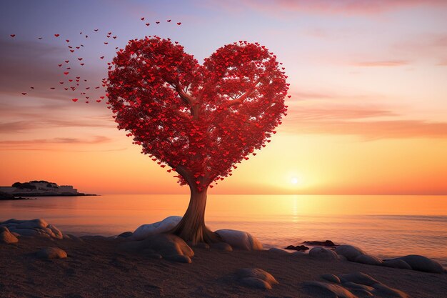 albero a forma di cuore e drammatico tramonto cielo concetto di carità e amore